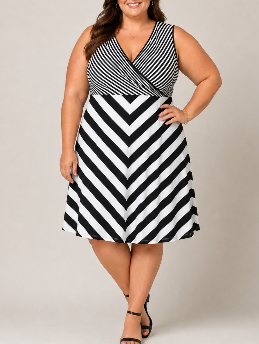 Ashro Faux Wrap Dress Black White Striped Chevron Print Plus Size 3XL Monochrome